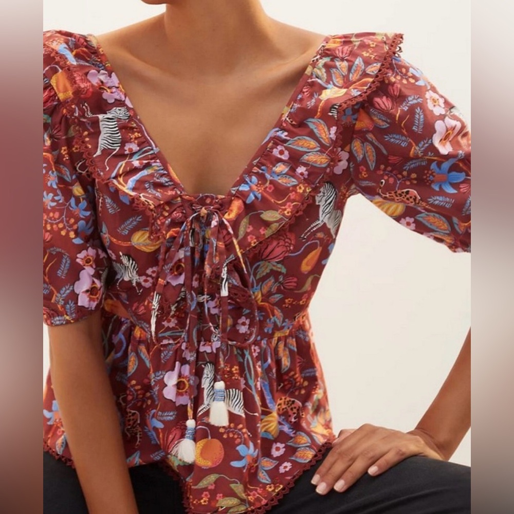Anthropologie Maeve Red and Purple Patterned Blouse